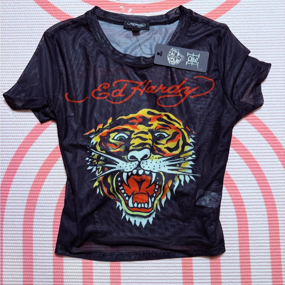 Ed Hardy Black Tee with Multicolor Tiger Graphic